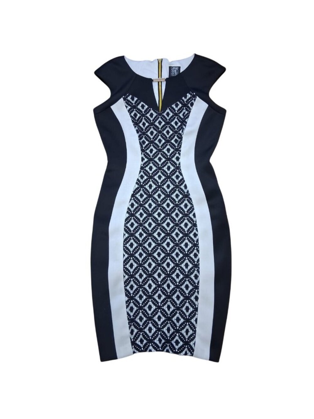JAX Sleeveless Bodycon Dress Geometric Panel Size 4 Black White